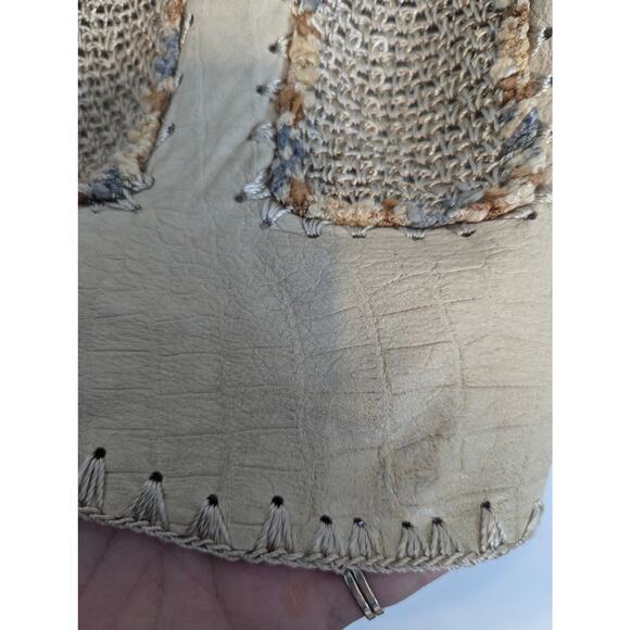 Vintage 80's Norma Canada Crochet & Leather Patch Sweater Sheer Tan SEE Measure - Picture 6 of 11